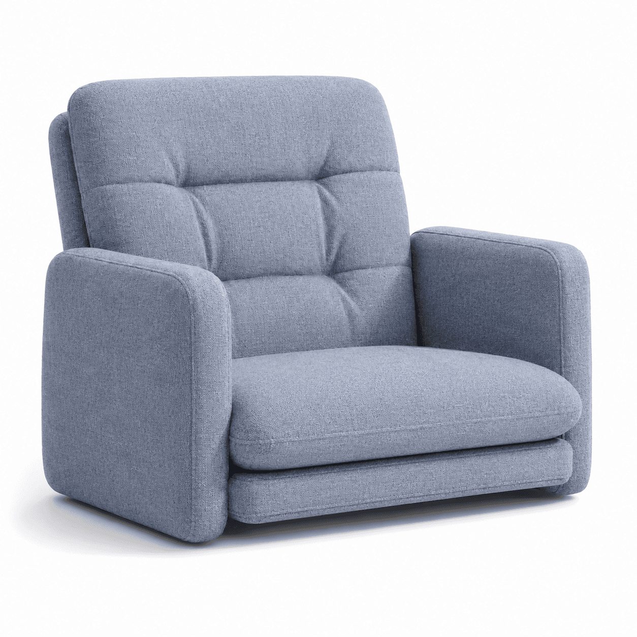 A contemporary upholstered recliner armchair in a light blue fabric, featuring a tufted backrest and compact design. — 3D model