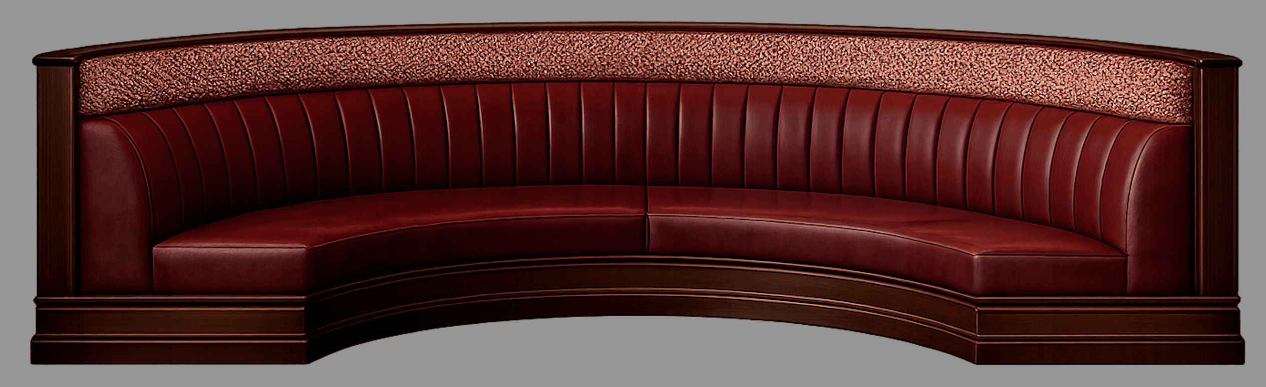 A curved booth seating unit designed for commercial or residential use. It features a deeply tufted, upholstered seat and backrest, with a higher upholstered section at the back. The base is constructed of dark wood with horizontal banding. The upholstered portions are a deep red, while the decorative upper back panel has a patterned texture. — 3D model