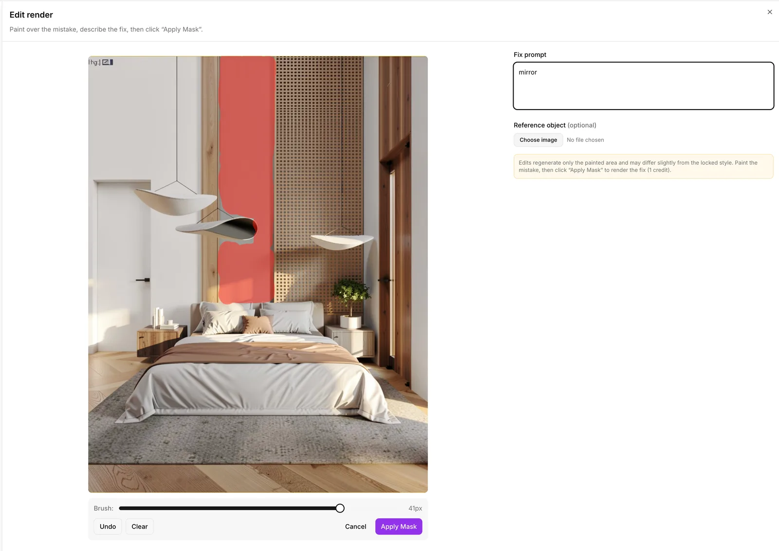 FurniMesh render editor — a mask painted over the wall above the bed with the fix prompt 'mirror' and an optional reference-object upload