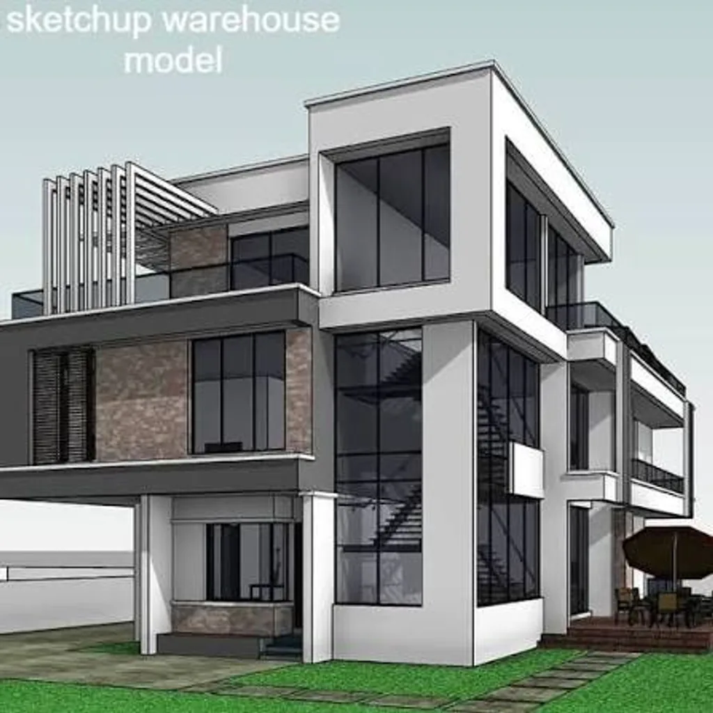 3D viewport screenshot of a modern multi-storey house before AI rendering