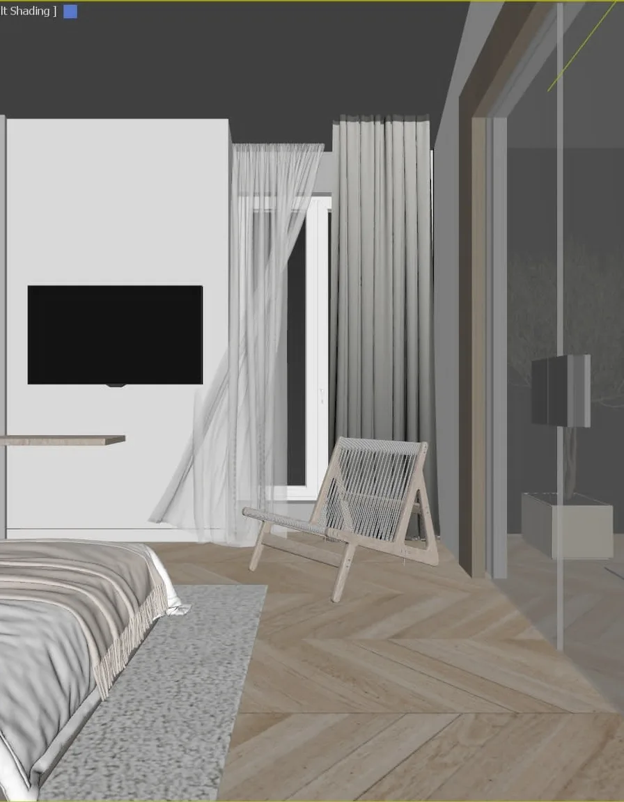 3D viewport screenshot of a bedroom with lounge chair before AI rendering