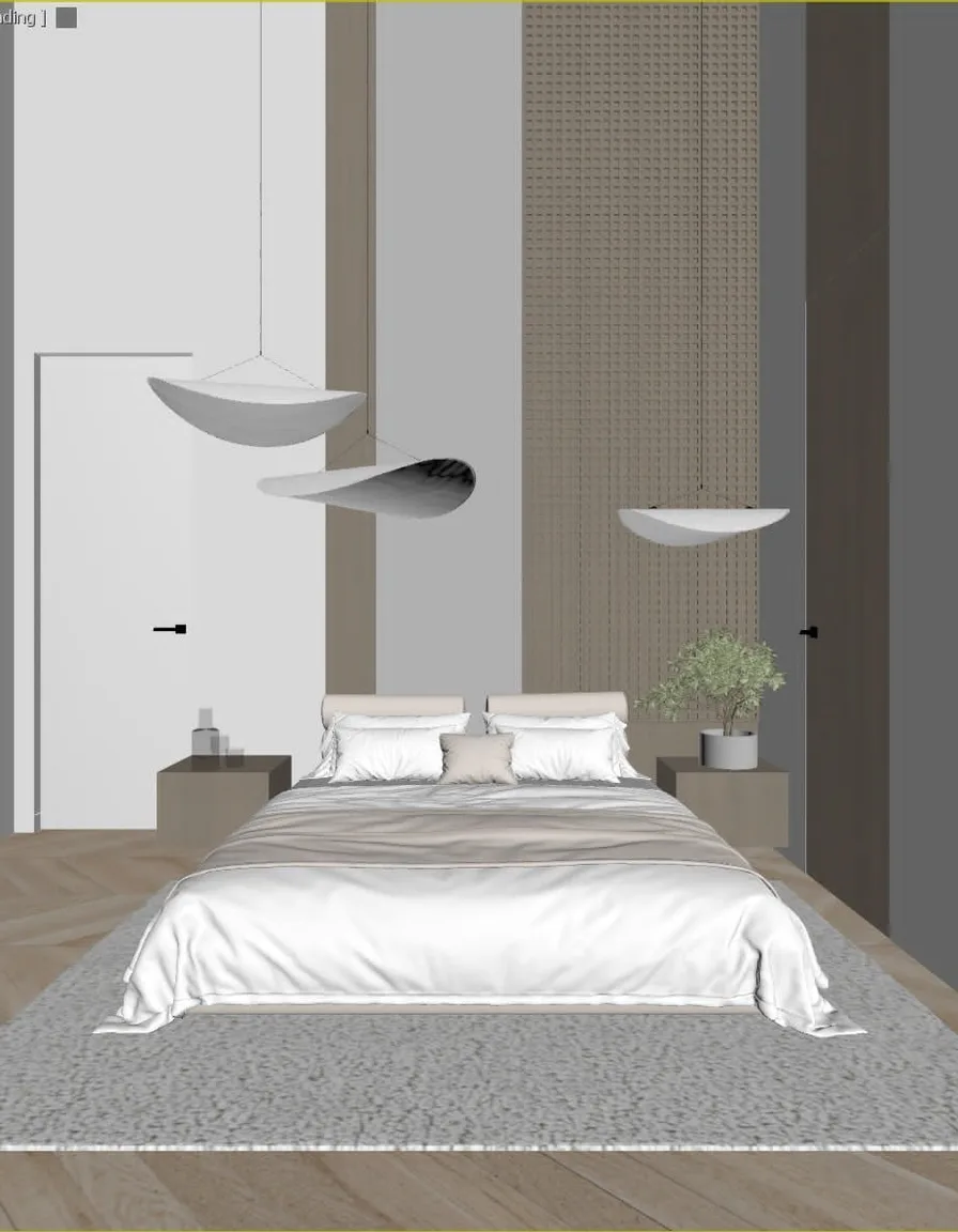3D viewport screenshot of a minimalist bedroom before AI rendering