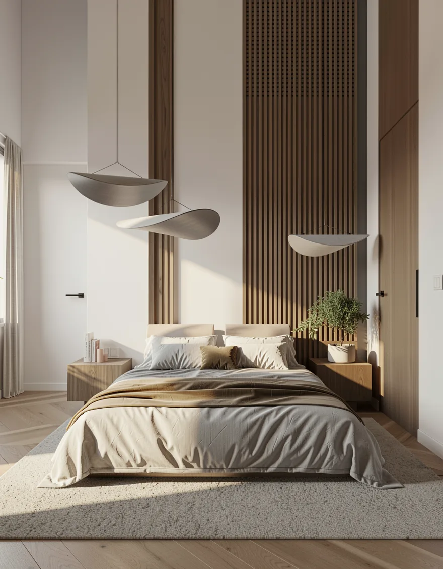 Photorealistic AI render of the same bedroom from angle 2 — geometry preserved, lighting and materials added