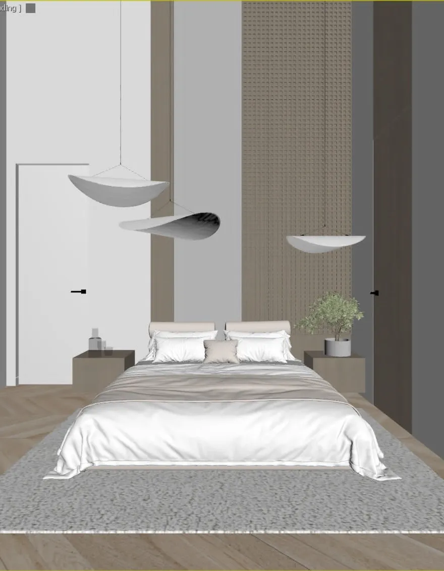 Raw 3D viewport screenshot of a modern bedroom, angle 2, before AI rendering