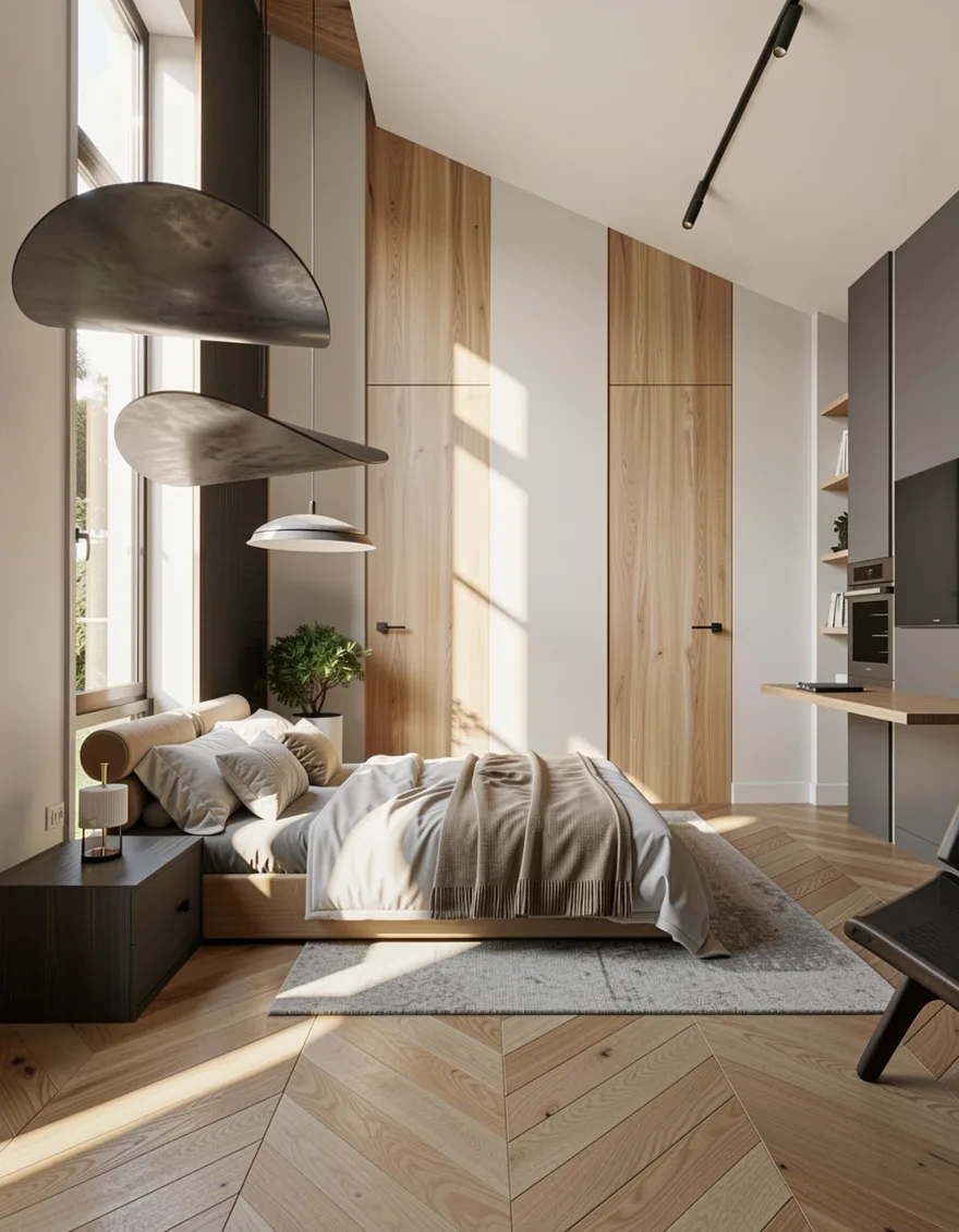 Photorealistic AI render of the same bedroom from angle 4 — geometry preserved, lighting and materials added