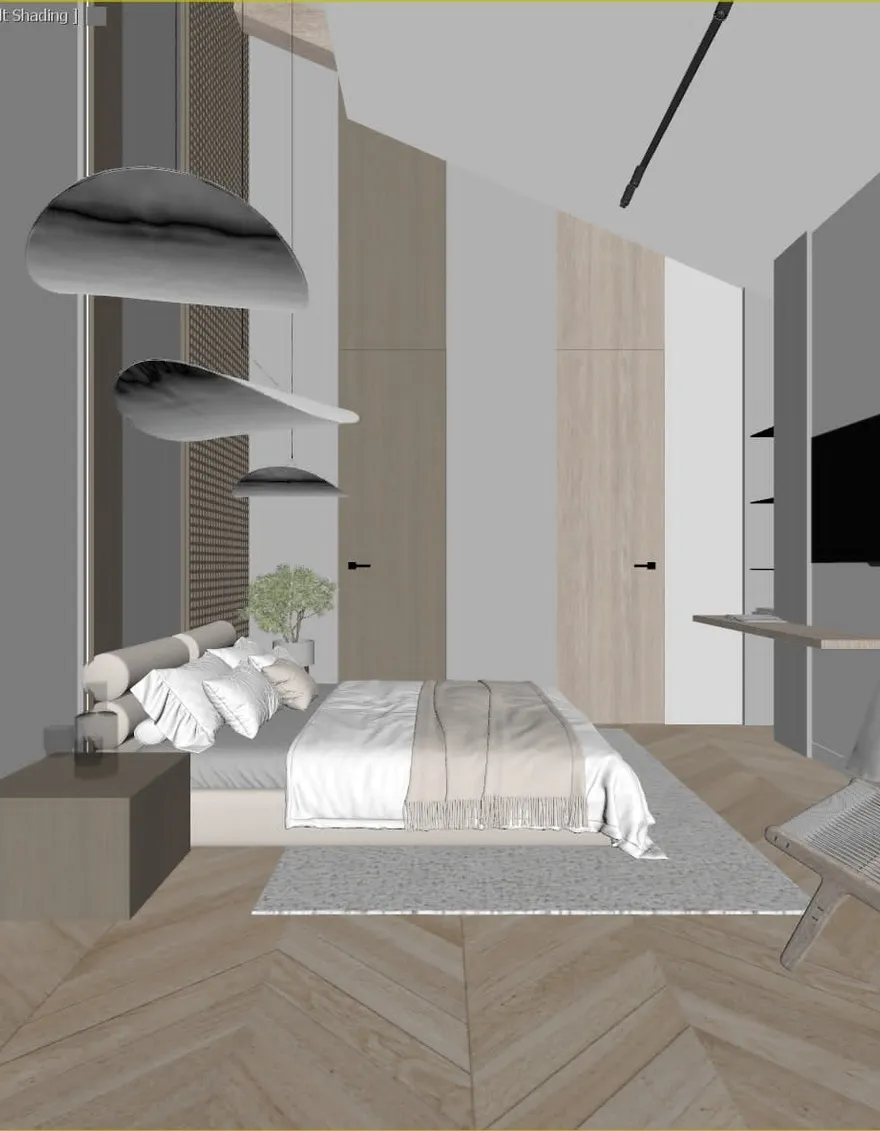 Raw 3D viewport screenshot of a modern bedroom, angle 4, before AI rendering