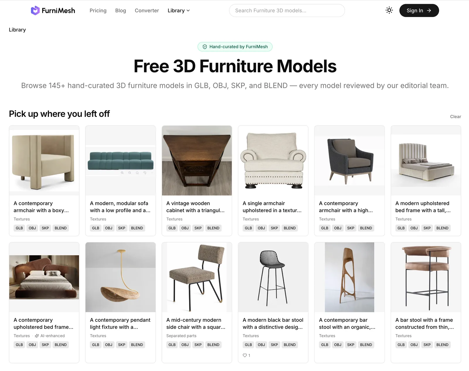 The FurniMesh public 3D model library — a grid of furniture models free to browse and download